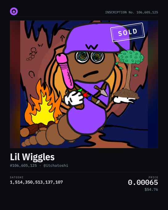 An NFT marketplace listing titled "Lil Wiggles" (#106,605,125) by @itchatoshi, marked SOLD, priced at 0.00065 (~$54.76).