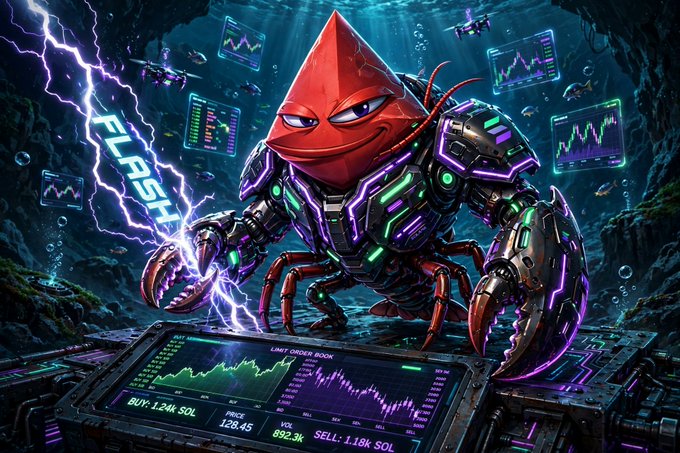 A fantasy digital illustration of a red triangular-headed armored creature wielding a glowing 'FLASH' sword above a limit order book screen showing buy/sell prices in SOL.