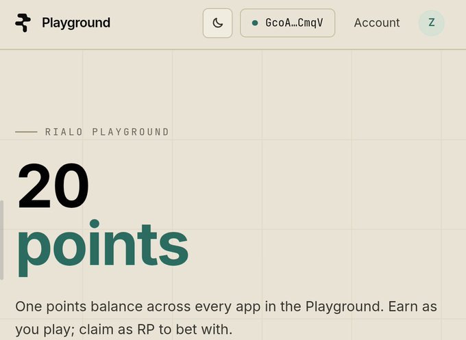 The image shows a Rialo Playground interface displaying "20 points" under the heading "RIALO PLAYGROUND," with text reading "One points balance across every app in the Playground. Earn as you play; claim as RP to bet with." The interface also shows an account address "6coA...CmqV" and the user's profile icon, visually representing the 20 sign-in reward points mentioned in the post about Rialo Points being live.