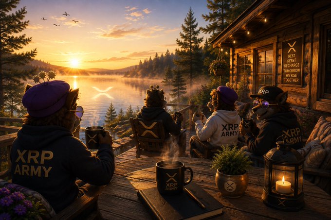 An AI-generated promotional image showing anthropomorphic animal characters wearing 'XRP ARMY' apparel enjoying a sunset by a lake with an XRP logo reflected in the water.