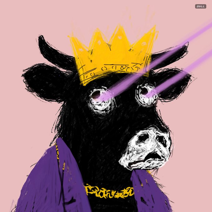 A digital illustration of a black cow wearing a yellow crown and purple cape, emitting pink laser beams from its eyes, signed 'BULL'.