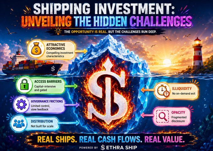 An infographic titled 'SHIPPING INVESTMENT: UNVEILING THE HIDDEN CHALLENGES' powered by 'ETHRA SHIP', highlighting an iceberg of issues including 'ATTRACTIVE ECONOMICS', 'ACCESS BARRIERS', 'ILLIQUIDITY', and 'OPACITY'.