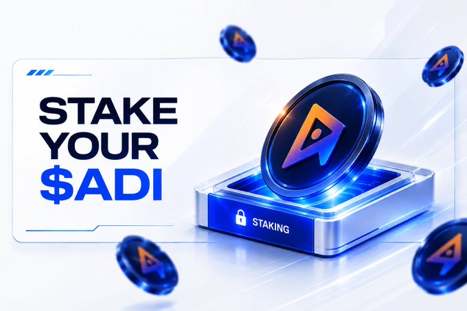 A promotional graphic reading 'STAKE YOUR $ADI' showing a blue coin with an 'A' logo on a staking platform.