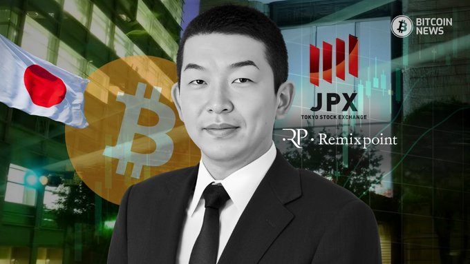 A businessman in a suit is shown in front of a backdrop featuring the Japanese flag, a Bitcoin symbol, the Tokyo Stock Exchange (JPX) logo, and the Remixpoint company logo, with a "Bitcoin News" banner in the corner. The image visually ties the company's name and Japanese stock listing to its decision to liquidate altcoins in favor of holding 1,506 BTC.