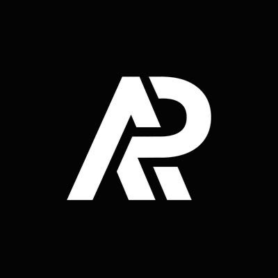A minimalist black and white logo featuring stylized letters 'AR' on a black background.