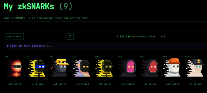 A webpage displaying 9 pixel-art character NFTs called 'My zkSNARKs (9)' with an estimated value of '0.031 ZEC ~ $4'. Each character is labeled 'not listed' under the 'OFFERS ON YOUR ZKSNARKS (1)' section.