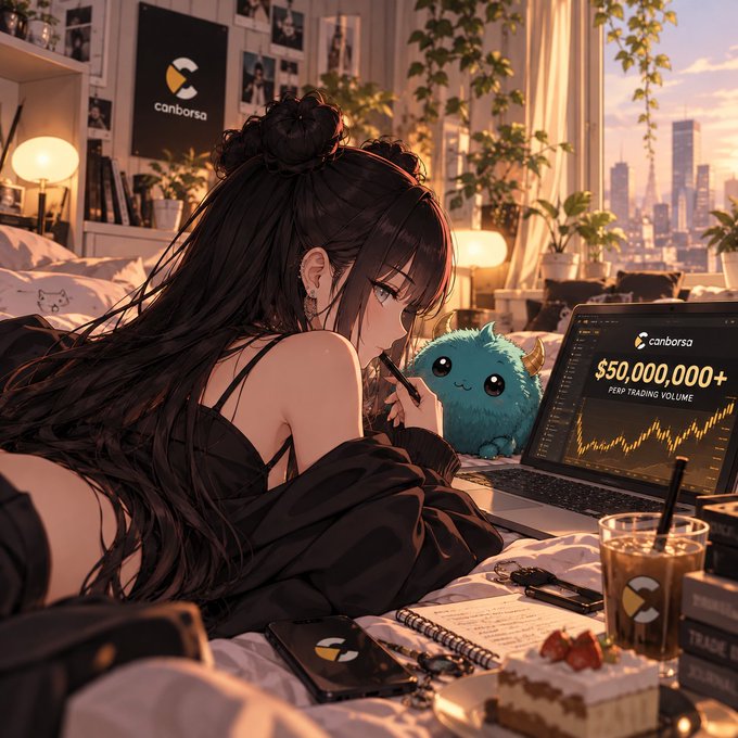 An anime-style illustration of a girl with long dark hair lying on a bed next to a blue plush monster, with a laptop displaying 'canborsa' branding and '$50,000,000+ PERP TRADING VOLUME' in the background.