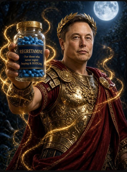 An AI-generated image depicting Elon Musk dressed as a Roman emperor in golden armor, holding a jar labeled "REGRETAMINE - For those who never regret buying & HODLing" under a full moon.