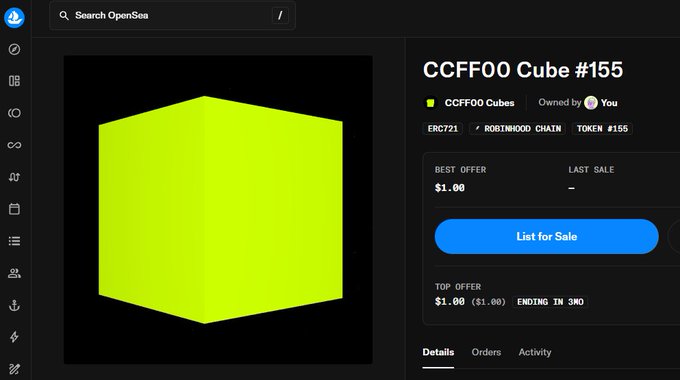 An OpenSea NFT listing page showing 'CCFF00 Cube #155' priced at $1.00 with a yellow-green gradient cube displayed.