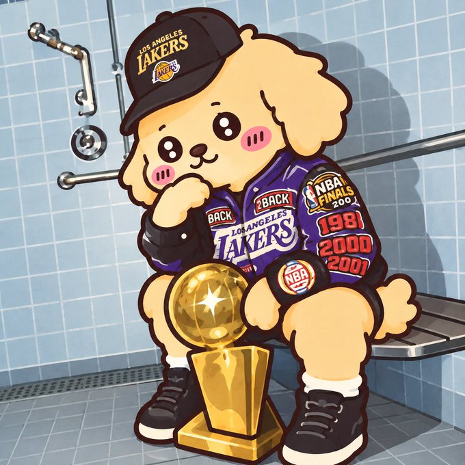 A cartoon illustration of a cute poodle wearing a Los Angeles Lakers cap and jacket adorned with NBA Finals championship patches (1981, 2000, 2001), sitting in a bathroom holding an NBA championship trophy.