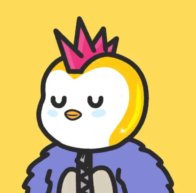 A cartoon illustration of a white bird with closed eyes, blushing cheeks, wearing a pink crown and a blue hoodie.
