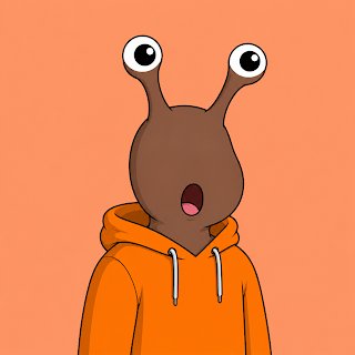 Digital artwork of a character with a snail-like head, bulging eyes, and orange hoodie against a solid orange background.