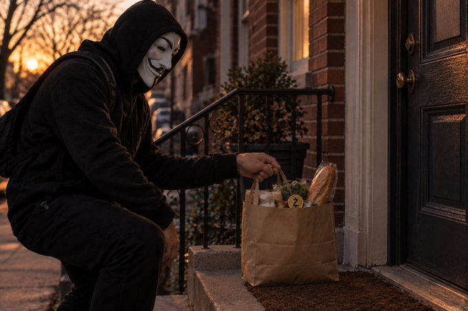 A person wearing a Guy Fawkes mask and a black hoodie crouches on a stoop at sunset, delivering a brown paper grocery bag filled with bread and produce to a front door.