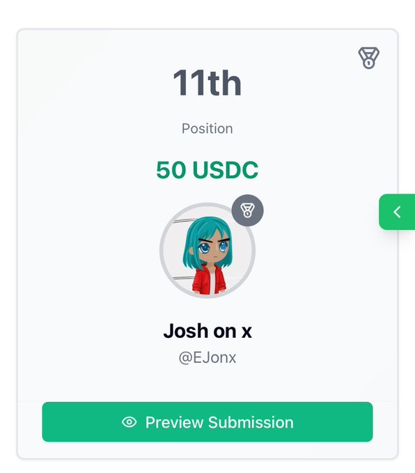 A user profile screen showing 11th position, 50 USDC reward, with the username 'Josh on x' (@EJonx) and a 'Preview Submission' button.
