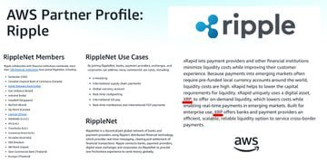 An AWS Partner Profile document for Ripple, listing details about RippleNet Members, RippleNet Use Cases, and RippleNet, with the AWS and Ripple logos visible.