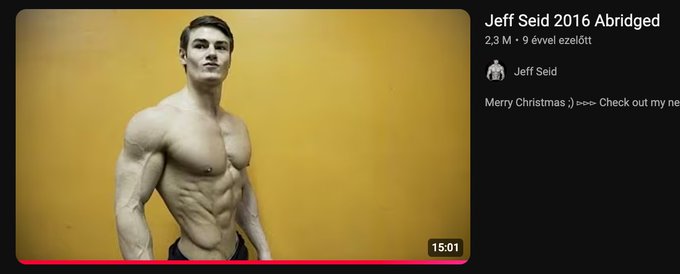 A YouTube thumbnail for a video by Jeff Seid titled "Jeff Seid 2016 Abridged" showing a muscular man with a visible six-pack.