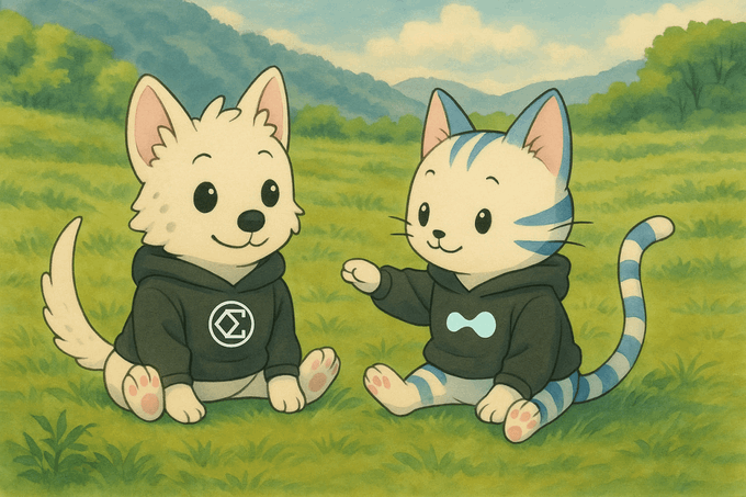 A cute illustration in Studio Ghibli style shows a white dog and a blue-striped cat wearing black hoodies—one featuring a hexagonal logo with what appears to be "ENA" text—sitting together in a grassy field, with the cat gesturing as if presenting the dog as the mascot for the Ethena ecosystem's $hyENA token.