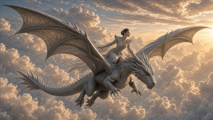 A fantasy illustration of a white-haired woman in an elegant gown riding atop a majestic silver dragon with outstretched wings, soaring above a sea of golden clouds at sunset.