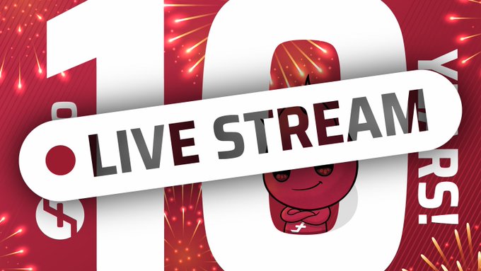 A graphic banner reading "LIVE STREAM" with a "10 YRS!" anniversary logo featuring a small devil-like character, set against a red fireworks background.