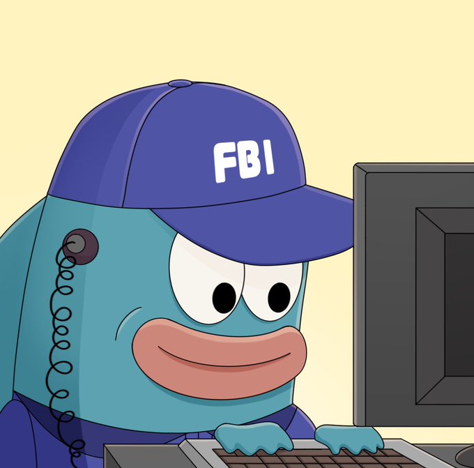 A cartoon blue character wearing a purple "FBI" cap is typing on a keyboard in front of a monitor. The image humorously implies the poster is monitoring or "watching" everyone to ensure they apply, reinforcing the menacing warning not to mess with them.