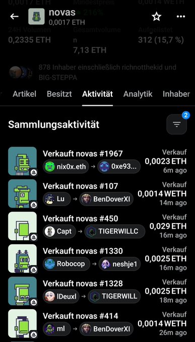 A German-language cryptocurrency NFT marketplace interface displays collection activity for 'novas,' showing various sales in ETH and WETH over recent timeframes.
