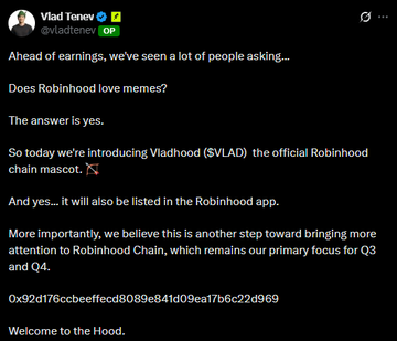 A tweet from Vlad Tenev (@vladtenev) titled 'OP' discusses introducing 'Vladhood ($VLAD)' as the official Robinhood chain mascot, referencing an 'Earnings' announcement.