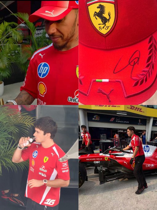 A collage of four images shows Formula 1 drivers wearing red Ferrari uniforms, including one close-up of a cap with a signature and the Ferrari prancing horse logo.