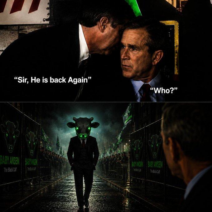 The meme depicts a person in a cow mask with glowing green eyes, labeled "BABY ANSEM The Black Calf", walking down a street lined with banners of the same image, while a man whispers to another man, "Sir, He is back Again" and the latter replies, "Who?". This directly relates to the accompanying post "$BABYANSEM" and the implied return of this entity or meme.