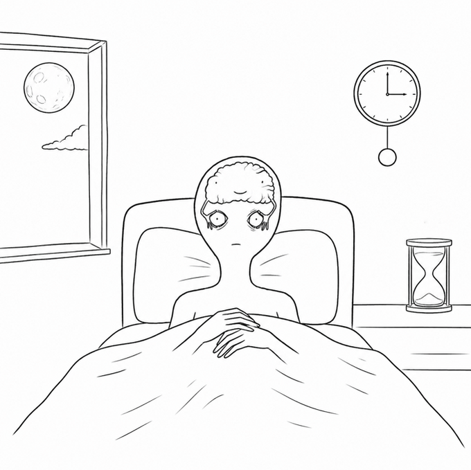 A simple black-and-white line drawing of a wide-eyed person sitting up in bed at night, with a full moon visible through the window and a clock and hourglass nearby.