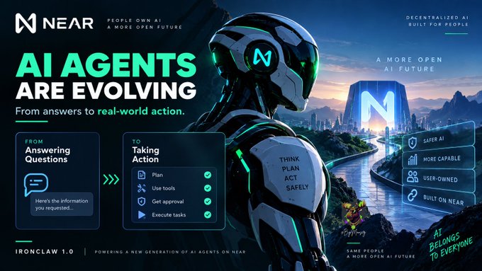 A promotional banner for 'NEAR' advertises 'AI AGENTS ARE EVOLVING' with the tagline 'From answers to real-world action,' showing a futuristic robotic figure and listing features including 'SAFER AI,' 'MORE CAPABLE,' 'USER-OWNED,' and 'BUILT ON NEAR.'