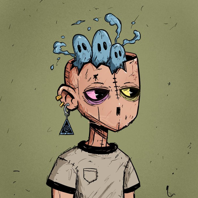 A stylized illustration of a stitched, mannequin-like figure with an open skull revealing three small blue ghost-like creatures and swirling smoke, set against a muted olive background. The eerie, mysterious artwork visually evokes the "REVEAL COMING SOON" caption, suggesting a haunting or supernatural character reveal.