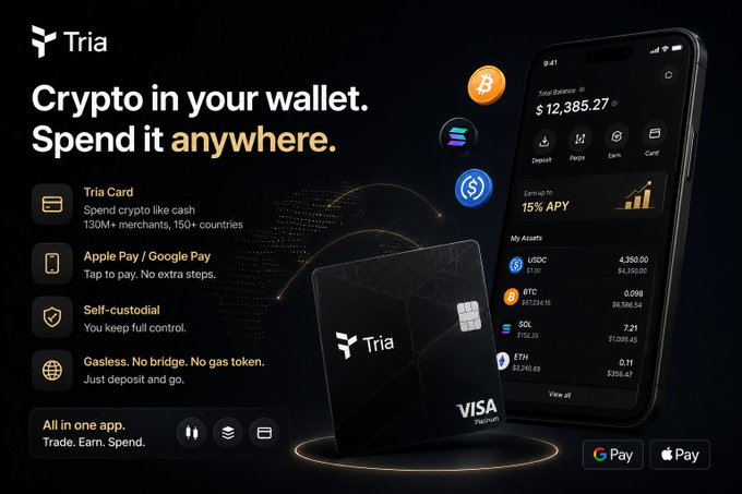 The image features a black smartphone displaying an app called "Tria" with a wallet icon, along with some text about using the app for spending money online. The phone's screen shows various transactions related to cryptocurrency, such as Bitcoin and Etherium. The app is designed to make it easier for users to spend their cryptocurrency on everyday expenses like paying bills or making purchases. This integration of cryptocurrency into daily life makes it feel more familiar and accessible compared to traditional banking systems.