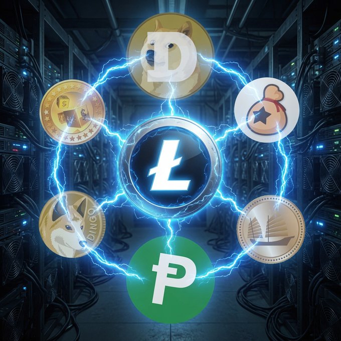 A crypto-themed graphic showing a central Litecoin (L) logo surrounded by lightning bolts and five other coin logos, including Dogecoin (D), set against a server room background.