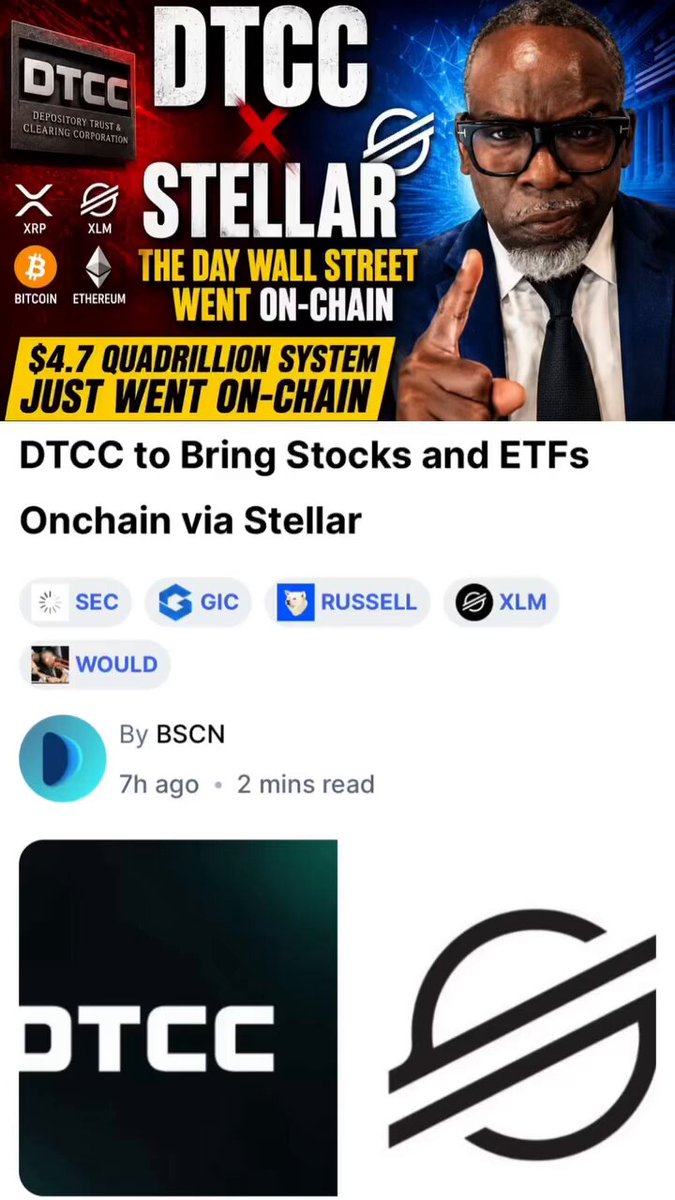 The image shows a poster for a cryptocurrency called "DTCC" with a man wearing glasses, possibly a businessman or an expert in the field of cryptocurrencies. The poster also features a logo for a company named "Stellar". The text on the poster highlights the partnership between these two companies and their focus on the stability of the DTCC Stablecoins Market Structure tokenization digital asset infrastructure. This information is relevant to the post, as it discusses the relationship between DTCC and Stellar XLM in the context of stablecoins and digital assets.
