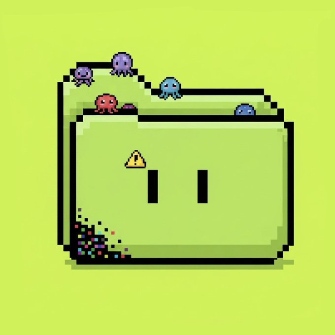 A pixel art green folder icon with a smiling face, adorned with small colorful octopus-like creatures on top, set against a lime green background.