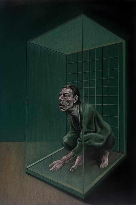 A dark, surreal painting of a gaunt man in a green shirt crouching inside a transparent green glass display box or cage.
