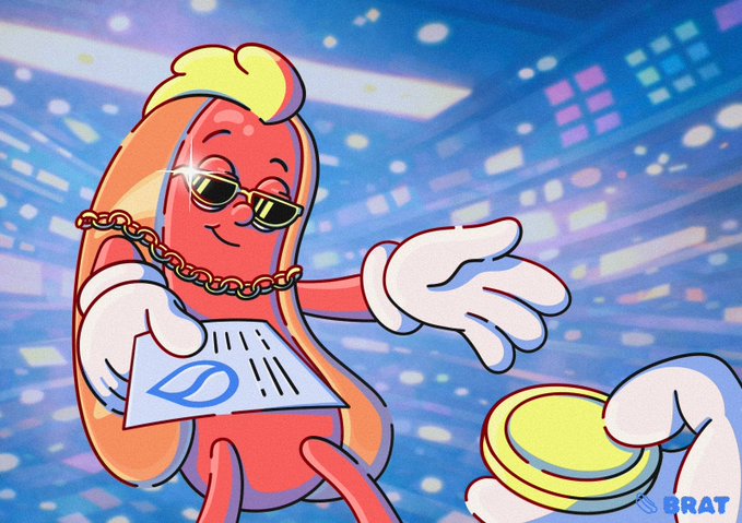 An animated cartoon illustration depicts a cheerful hot dog character wearing sunglasses and a gold chain, holding an envelope with a leaf logo, alongside another gloved hand holding a yellow coin, with "BRAT" watermarked in the corner.