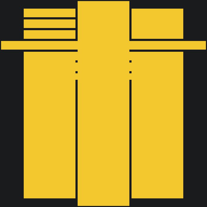 A minimalist geometric logo depicting a yellow robotic or armored figure with a T-shaped head and segmented body set against a black background.