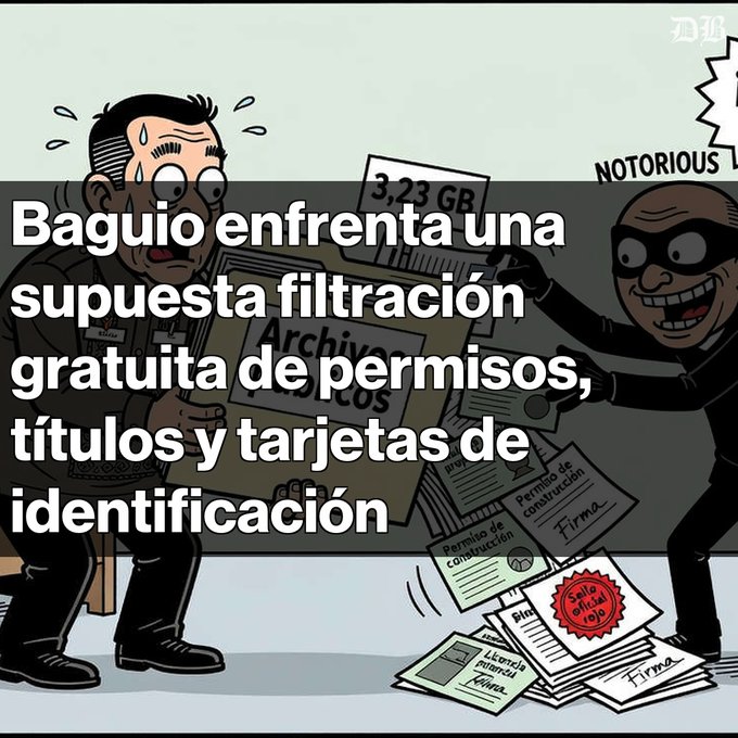 A cartoon illustration overlaid with Spanish text reading "Baguio enfrenta una supuesta filtración gratuita de permisos, títulos y tarjetas de identificación," depicting a worried official handing documents to a masked thief.
