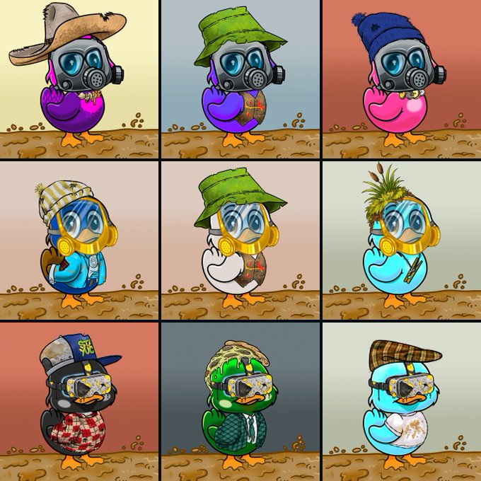 A 3x3 grid of cartoon illustrations showing colorful ducks or birds wearing various hats and goggles in a stylized, post-apocalyptic aesthetic.