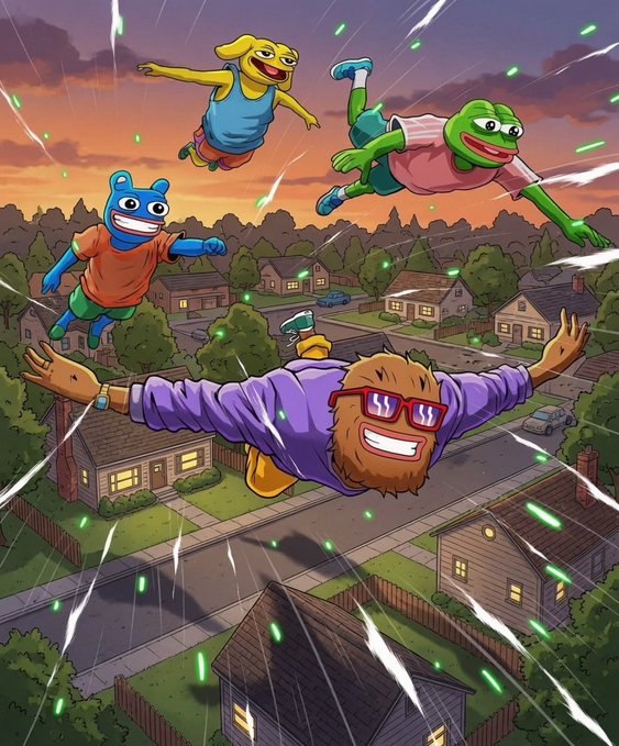 A cartoon-style illustration shows a bearded man in a purple shirt and sunglasses flying superhero-style over a suburban neighborhood at sunset, accompanied by three colorful anthropomorphic frog/amphibian characters soaring through the sky.