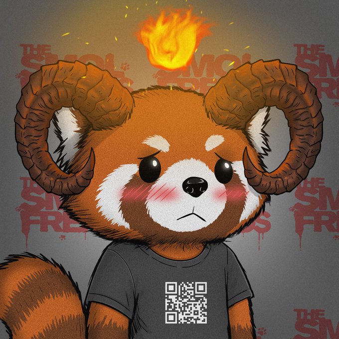 An illustration of an anime-style red panda character with large ram horns, blushing cheeks, and a flame on its head, wearing a black t-shirt with a QR code, set against a background with 'THE SMOKING RED PANDA' graffiti text.