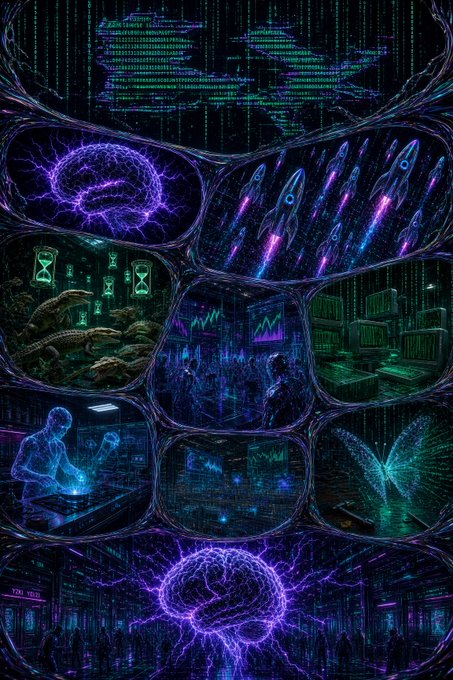 A glowing, multi-panel digital collage displays vibrant neon images of brain networks, rockets, hourglasses, butterflies, and futuristic figures alongside green code and holographic interfaces, visually reinforcing the post's message that Febu's complexity and "lore" reflect serious, foundational infrastructure being built rather than fleeting hype.