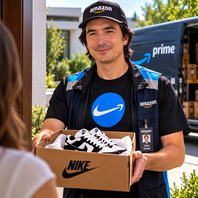 An AI-generated image of an Amazon delivery driver wearing an Amazon cap and a Nike t-shirt, handing a Nike shoebox to a recipient, with a Prime delivery van in the background.