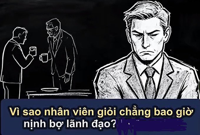 Black and white sketched graphic showing a frowning suited man in the foreground and two figures clinking mugs in the background, with Vietnamese text reading 'Vì sao nhân viên giỏi chẳng bao giờ nịnh bợ lãnh đạo?'