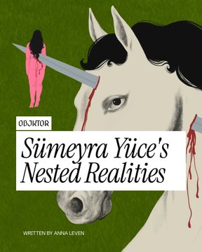 The image features an illustration of a white horse with red blood stains on its face, surrounded by a green grassy field. The horse's head is tilted downwards, and there are two people present - one standing next to the horse and another person standing behind it. The scene appears to be set in a park or garden setting.