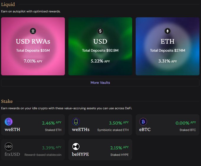 A dashboard displays EtherFi's "Liquid" and "Stake" offerings, featuring three liquid vaults (USD RWAs at 7.01% APY, USD at 5.22% APY, and ETH at 3.31% APY) alongside staking options including weETH (2.46% APY), weETHs (3.50% APY), eBTC (0.00% APY), frxUSD (3.39% APY), and beHYPE (2.15% APY). The image supports the post by visually showcasing weETH as a prominent liquid staking asset, reinforcing its growing utility and integration within DeFi ecosystems.