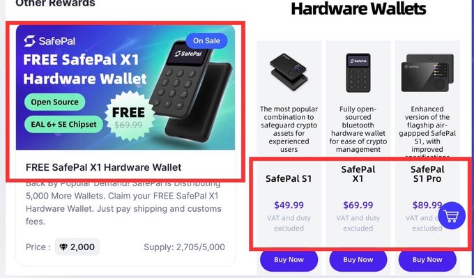 A SafePal promotional page offering a 'FREE SafePal X1 Hardware Wallet' valued at $69.99 for 2,000 tokens, alongside hardware wallet products priced at $49.99, $69.99, and $89.99.