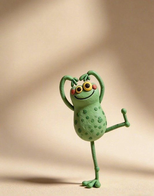 The image features a green frog statue with big eyes, arms raised above its head, and legs spread out as if dancing or playing. The frog's position and pose suggest that it might be participating in an event or celebration. The caption of the image reads "Have a lovely afternoon Still bullish on @useTria powered by @MindoAI @quipnetwork @TheARCTERMINAL @NomismaNetwork stay blessed". This implies that the frog is associated with a positive and uplifting theme, possibly related to a festival or special occasion.