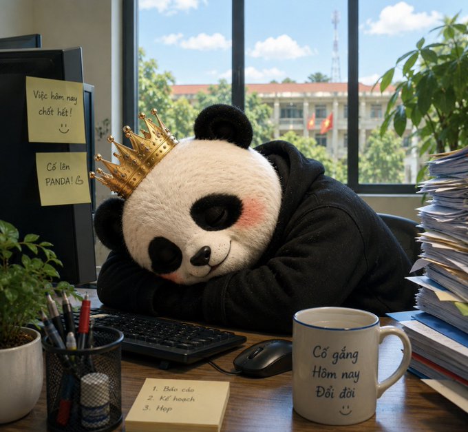 A digital illustration of a panda wearing a gold crown and black hoodie, resting its head on a desk next to sticky notes with Vietnamese text, a coffee mug reading 'Cố gắng Hôm nay Đôi đôi', and a keyboard.